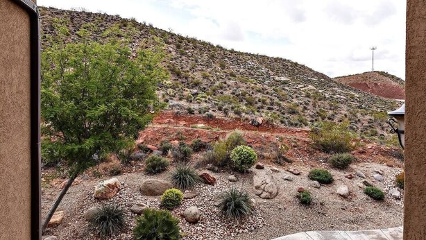 A desert landscape with sparse vegetation and a rocky hill in the background.