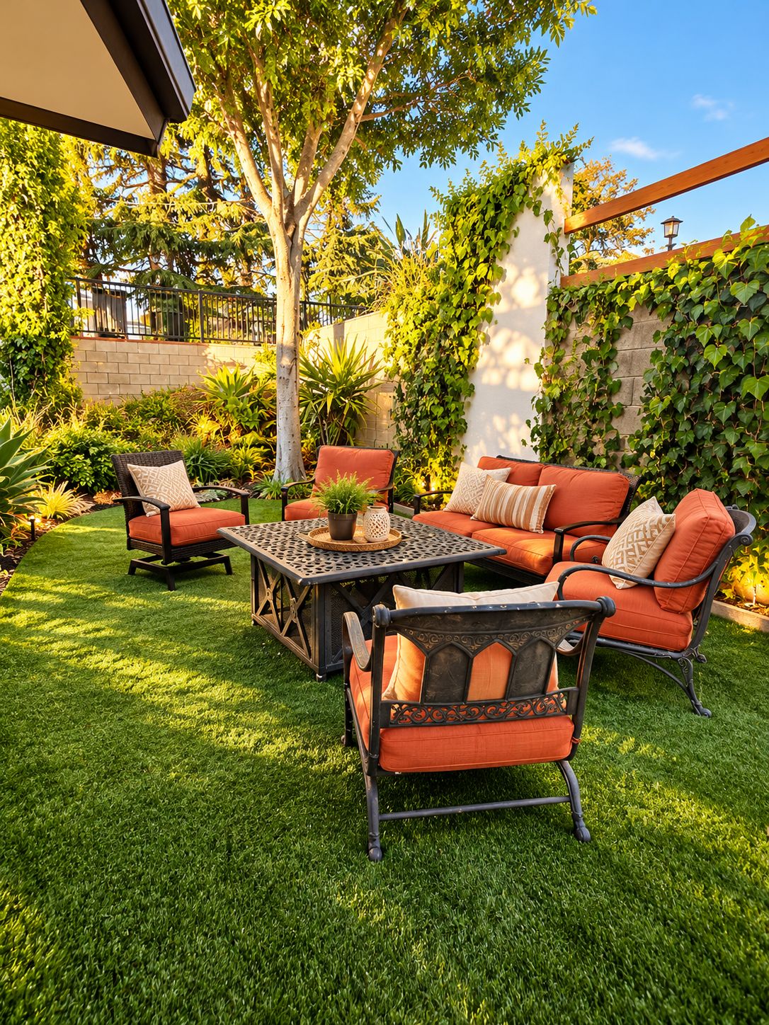 Eine Terrasse im Freien mit Sitzgelegenheit, darunter ein Sofa und Stühle, umgeben von üppiger Vegetation und einer Backsteinmauer.