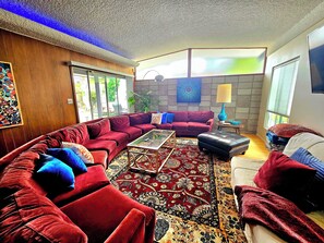 Smart TV, fireplace, books, video library