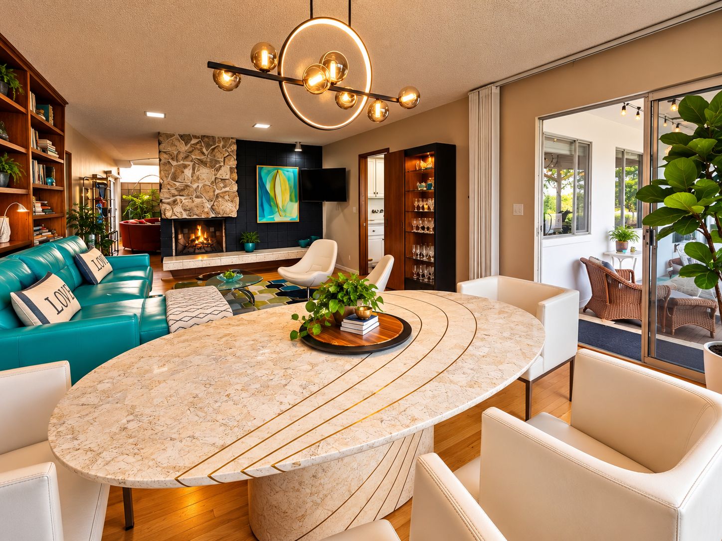 A modern living room with a marble island, a stone fireplace, and a large window.