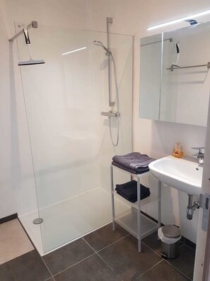 Design-Apartment, 2 Schlafzimmer, barrierefrei, Seeblick | Badezimmer | Kostenlose Toilettenartikel, Handtücher