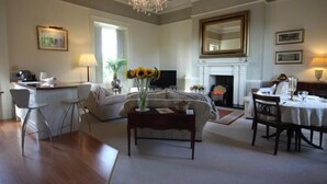 Leilighet – deluxe (Apartment 3 ) | Oppholdsrom | En 48-tommers Flatskjerm-TV med digitale kanaler samt smart-TV og peis