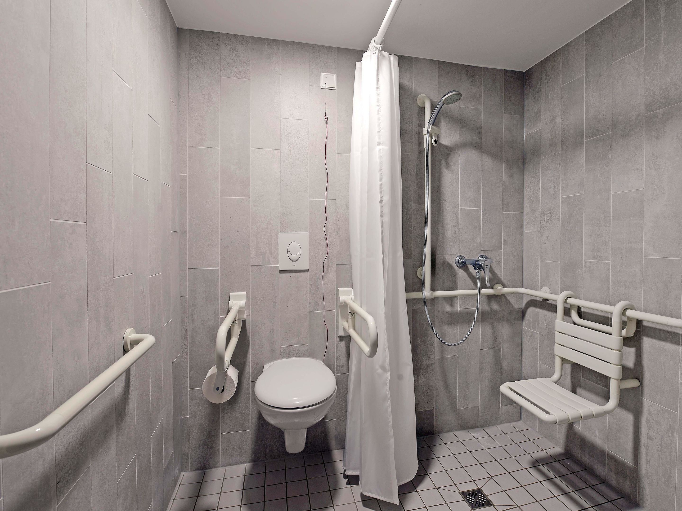 A modern bathroom with a toilet, shower, and grab bars.