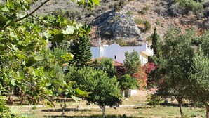 Un edificio blanco con tejado de baldosas, rodeado de vegetación y un terreno montañoso rocoso.