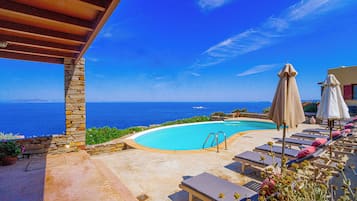 Una piscina al aire libre, sombrillas