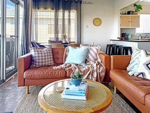 TV, fireplace, books