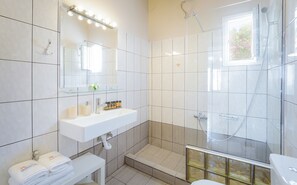 Douche, séchoir à cheveux, serviettes fournies