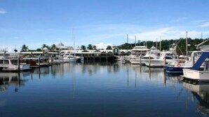 Uma marina com vários barcos atracados, águas calmas e céu claro.