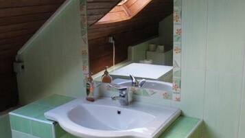 A small bathroom with a skylight, a sink, and a toilet.