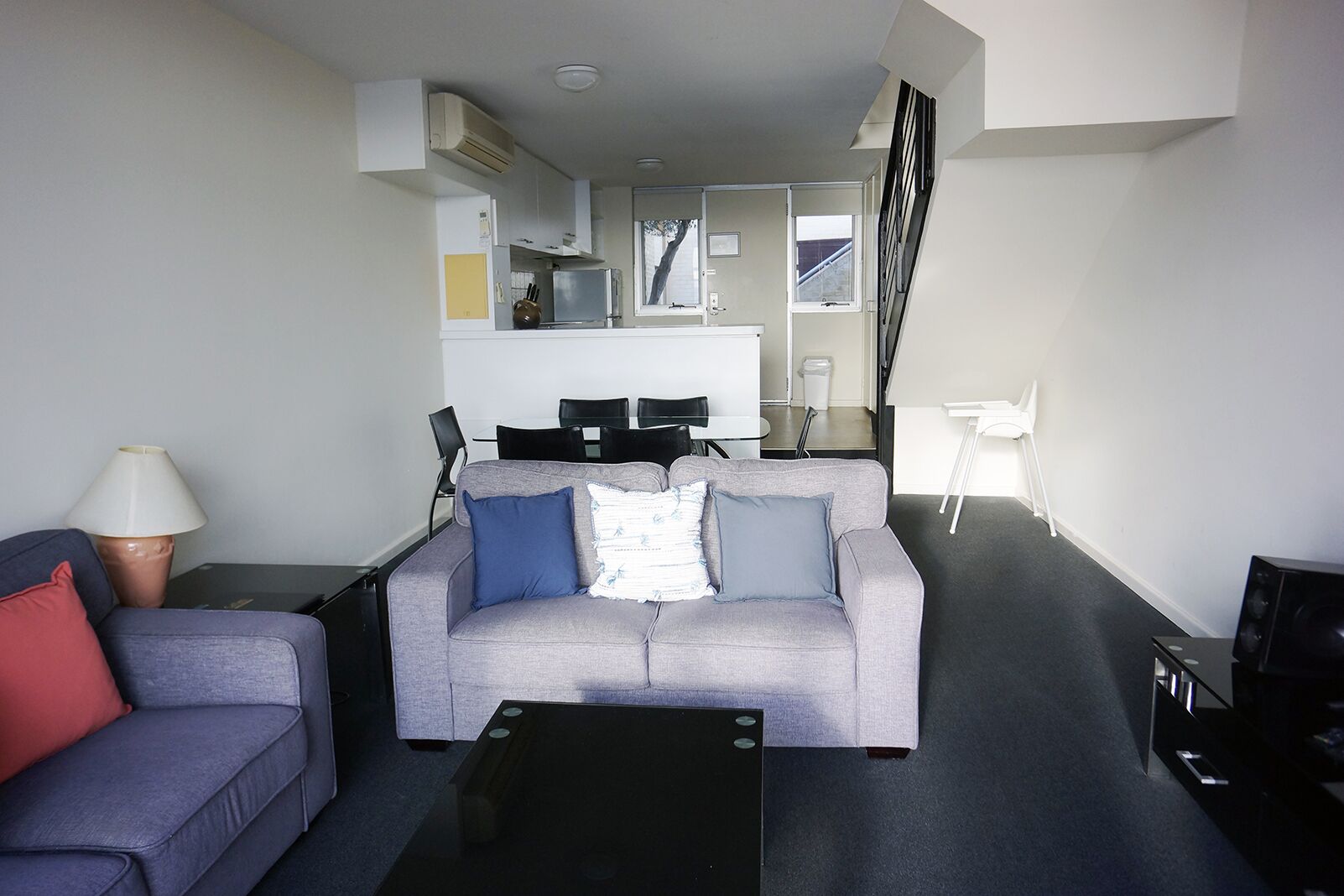 TV, DVD player, video library, stereo