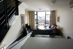 TV, DVD player, video library, stereo