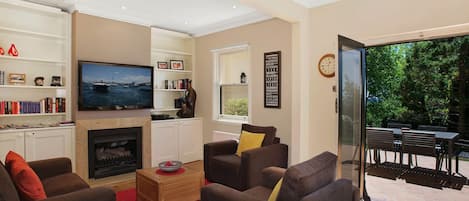 Una televisión, una chimenea, un reproductor de DVD, una videoteca