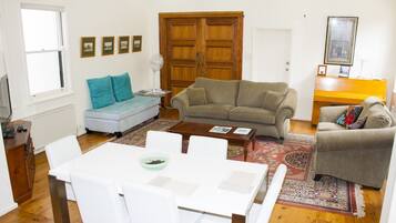 TV, DVD player, video library, stereo