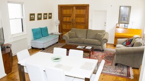 TV, DVD player, video library, stereo