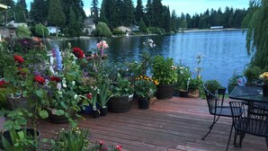 A wooden deck with potted plants and a table with chairs overlooking a lake.