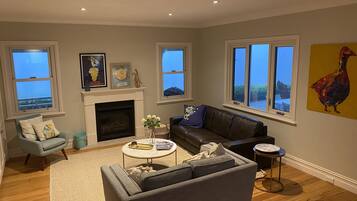 Una Smart TV, una chimenea, un reproductor de DVD, libros