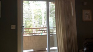 Una habitación con una puerta corrediza de vidrio que da a un balcón, una lámpara en el techo y un cuadro en la pared.