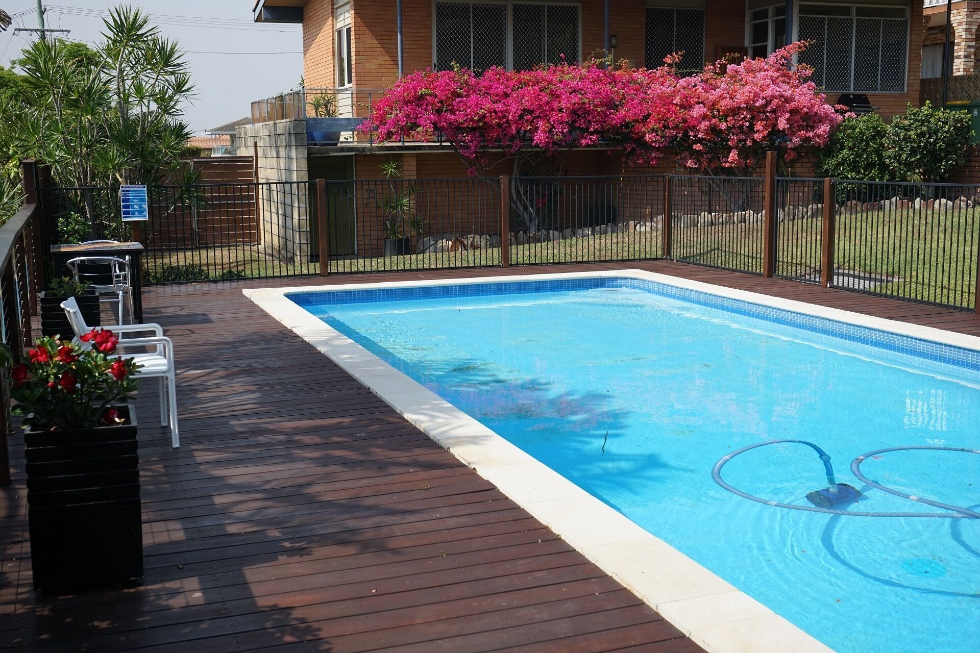 Una piscina rectangular con muelle de madera y sillas de descanso blancas.