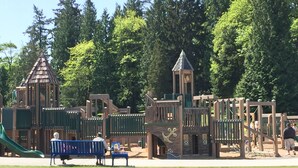 A playground with various play structures, including slides and climbing areas, surrounded by trees.