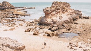 Ein felsiger Strand mit einer Person in der Mitte.