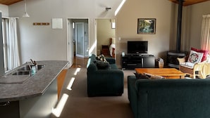 Una sala de estar moderna con un sofá, una mesa de centro, un televisor y una chimenea.