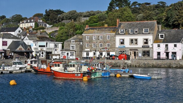 A harbor with various boats docked, buildings with shops, and a hillside in the background. - Cosy rural barn retreat for couples near stunning Cornish coast (Woolley, Bude)
