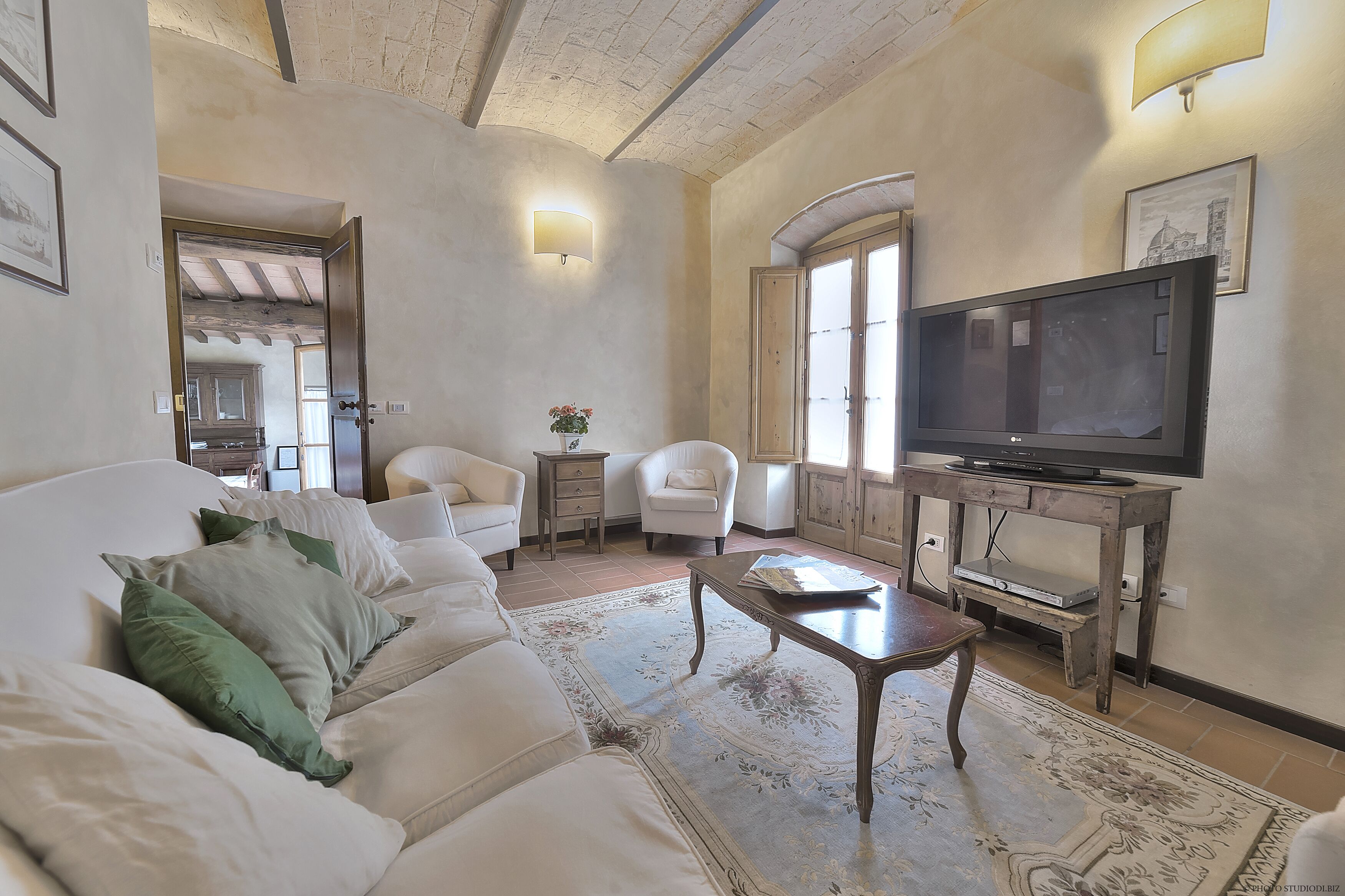 Smart TV, chimenea, reproductor de DVD y libros 