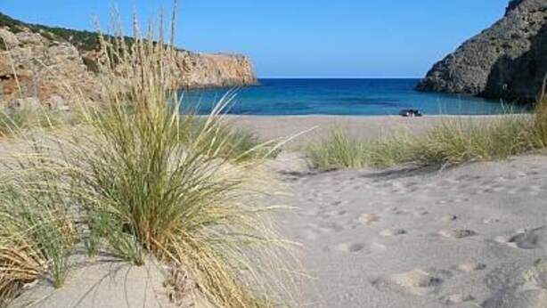 A sandy beach with sparse vegetation and rocky cliffs. - Panoramic apartment with fantastic views of the sea (Buggerru)