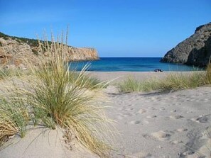 A sandy beach with sparse vegetation and rocky cliffs. - Panoramic apartment with fantastic views of the sea (Buggerru)