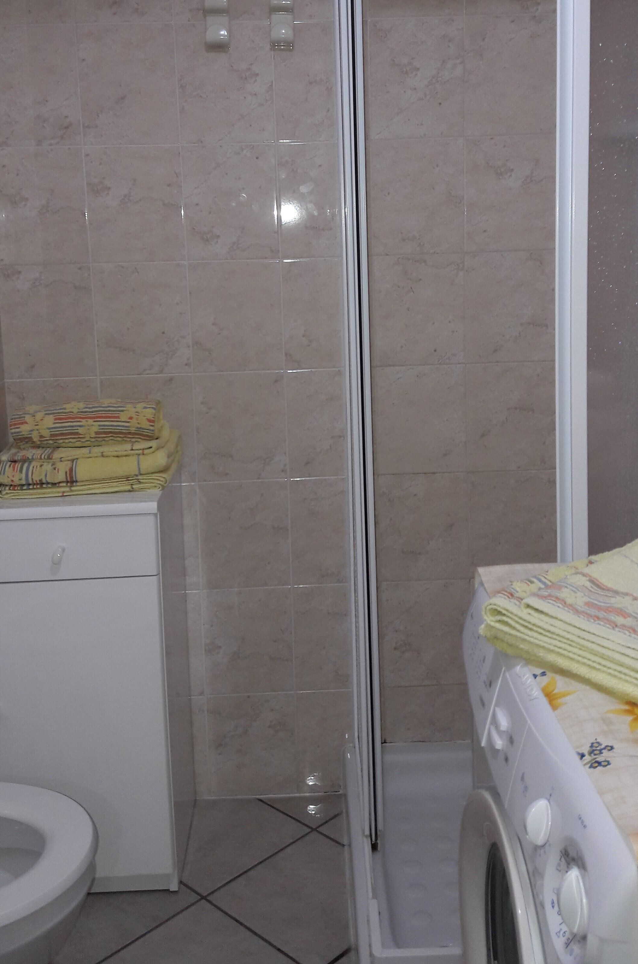 A bathroom with a toilet, a washing machine, and a shower stall.