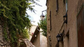 Une ruelle étroite pavée de pierres, bordée de murs en pierre, avec une porte en bois et un pot de fleurs aux fleurs rouges.
