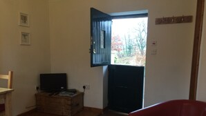 Een kamer met een televisie op een houten kast, een rode stoel met een bloemenkussen, en een deur naar een buitenruimte met bomen.