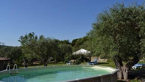 Ein Pool mit Steinwänden, umgeben von Bäumen und einem kleinen Gebäude.