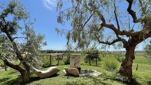 A serene outdoor area with a stone bench, a tree, and a pergola. - Daniele House - Relaxation and Volcanic Water under the Stars Occasum (Canino)
