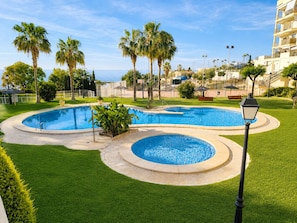 Une piscine de forme circulaire, entourée de pelouse bien entretenue et de palmiers.