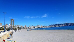 On the beach, sun-loungers, beach towels