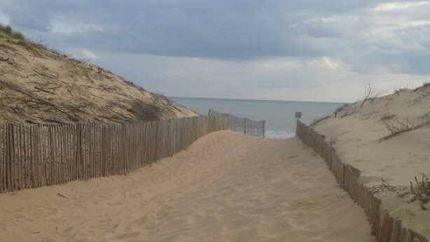 Un sentier de sable bordé de chaque côté par une clôture en bois, qui mène à la mer.