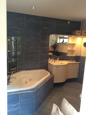 Combined shower/bathtub, hair dryer, towels, soap