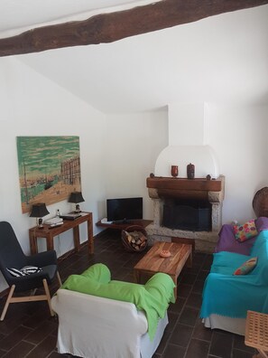 Télévision, cheminée, livres