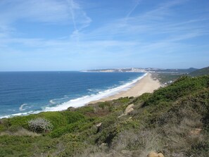 A coastal landscape with a beach, ocean, and greenery. - Beautiful villa for 8 people with private pool close to the beach (São Martinho do Porto)