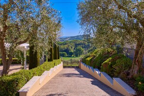 A paved pathway leading to a gate, flanked by neatly trimmed hedges and trees, with a view of a green landscape in the distance.