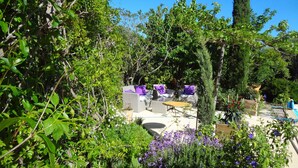 A garden with outdoor seating and a variety of plants and flowers. - Roussillon Gargas: Mansion - Roussillon (Gargas)