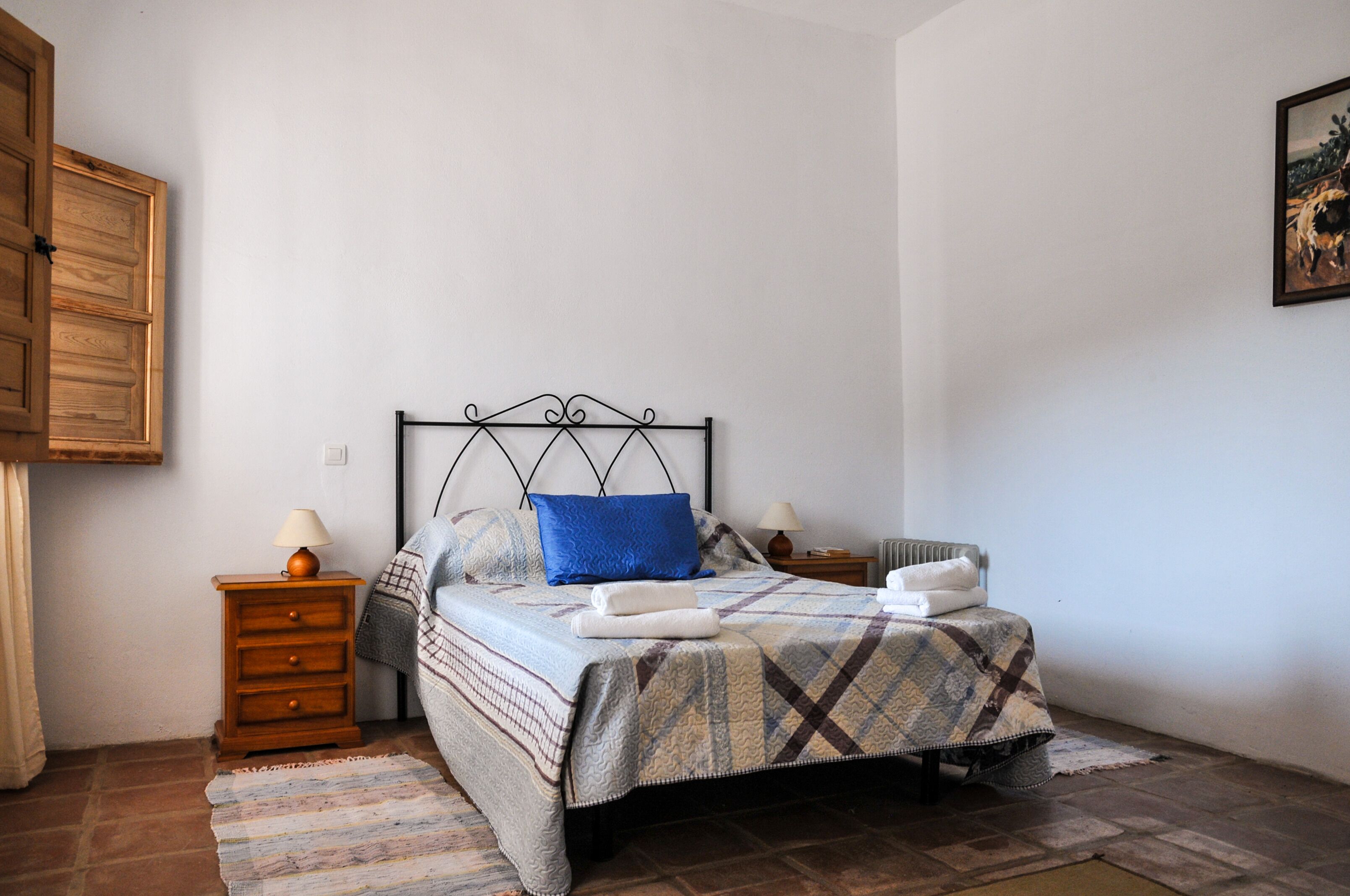 Un dormitorio con una cama, una mesita de noche de madera, una lámpara, un radiador y una alfombra estampada.