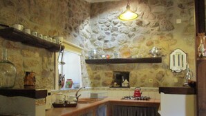 Une cuisine rustique avec des murs en pierre, un comptoir en bois et une cuisinière à gaz.