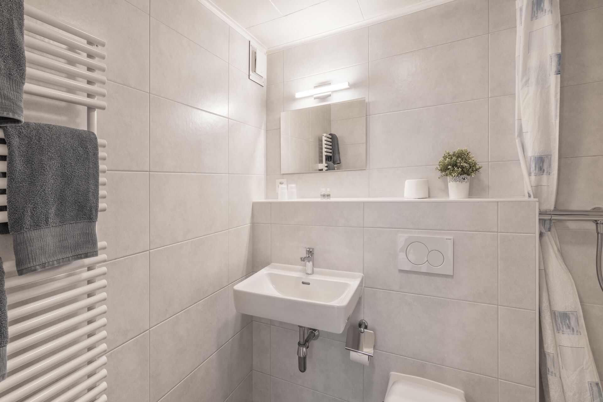 A modern bathroom with a white sink, towel rack, and a small potted plant.