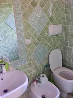 Douche, sĂšche-cheveux, bidet, serviettes fournies