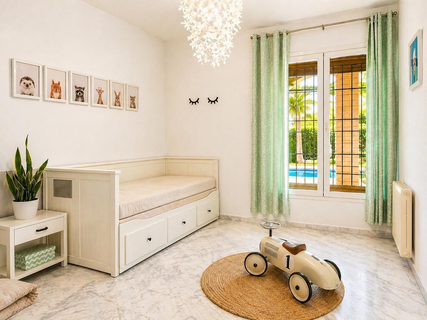 3 slaapkamers, een bureau, een strijkplank/strijkijzer, reisbedje