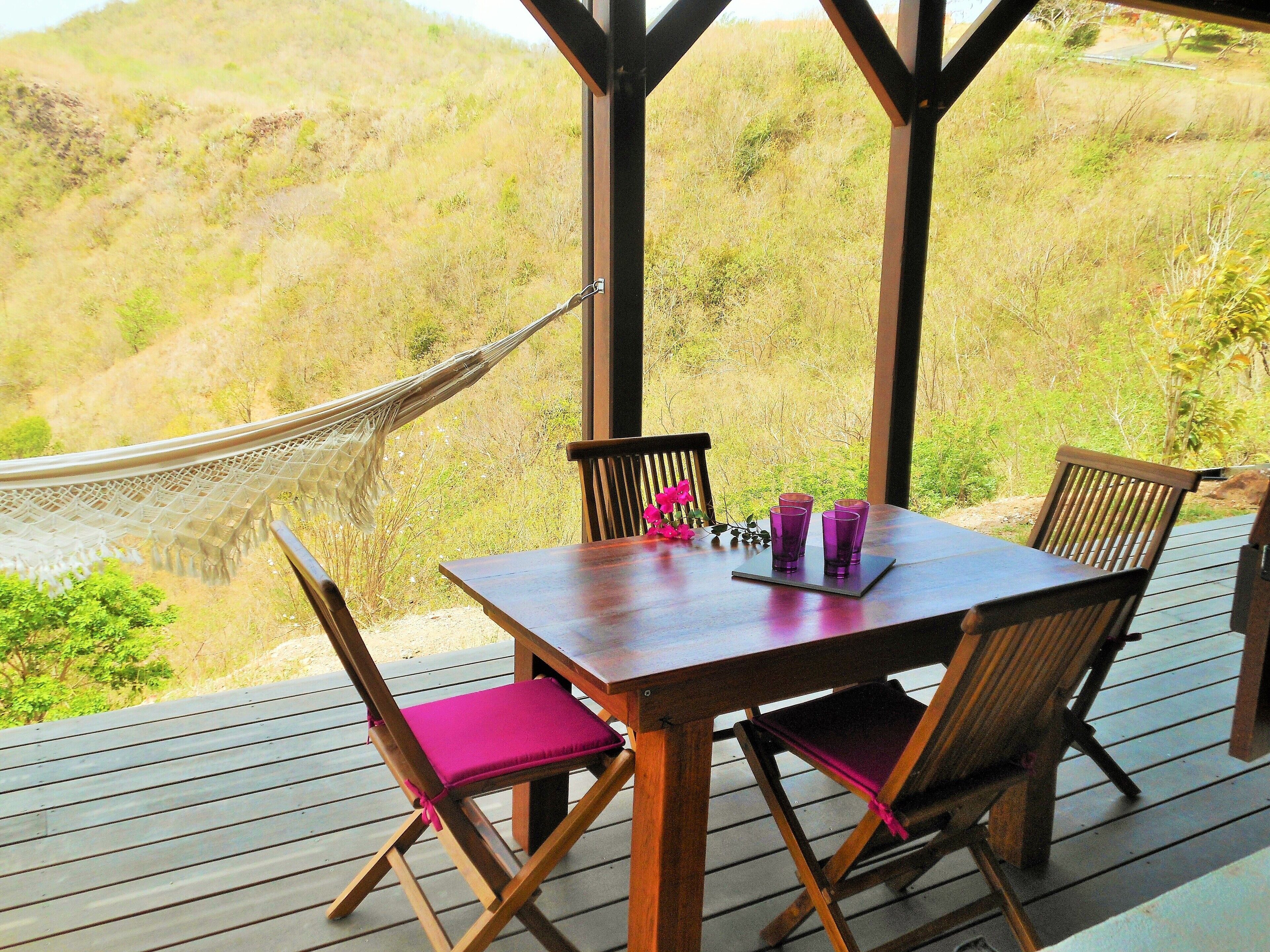 A wooden deck with a table and chairs, a hammock, and a view of a grassy hillside.