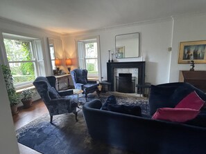 Télévision, cheminée, lecteur de DVD, livres