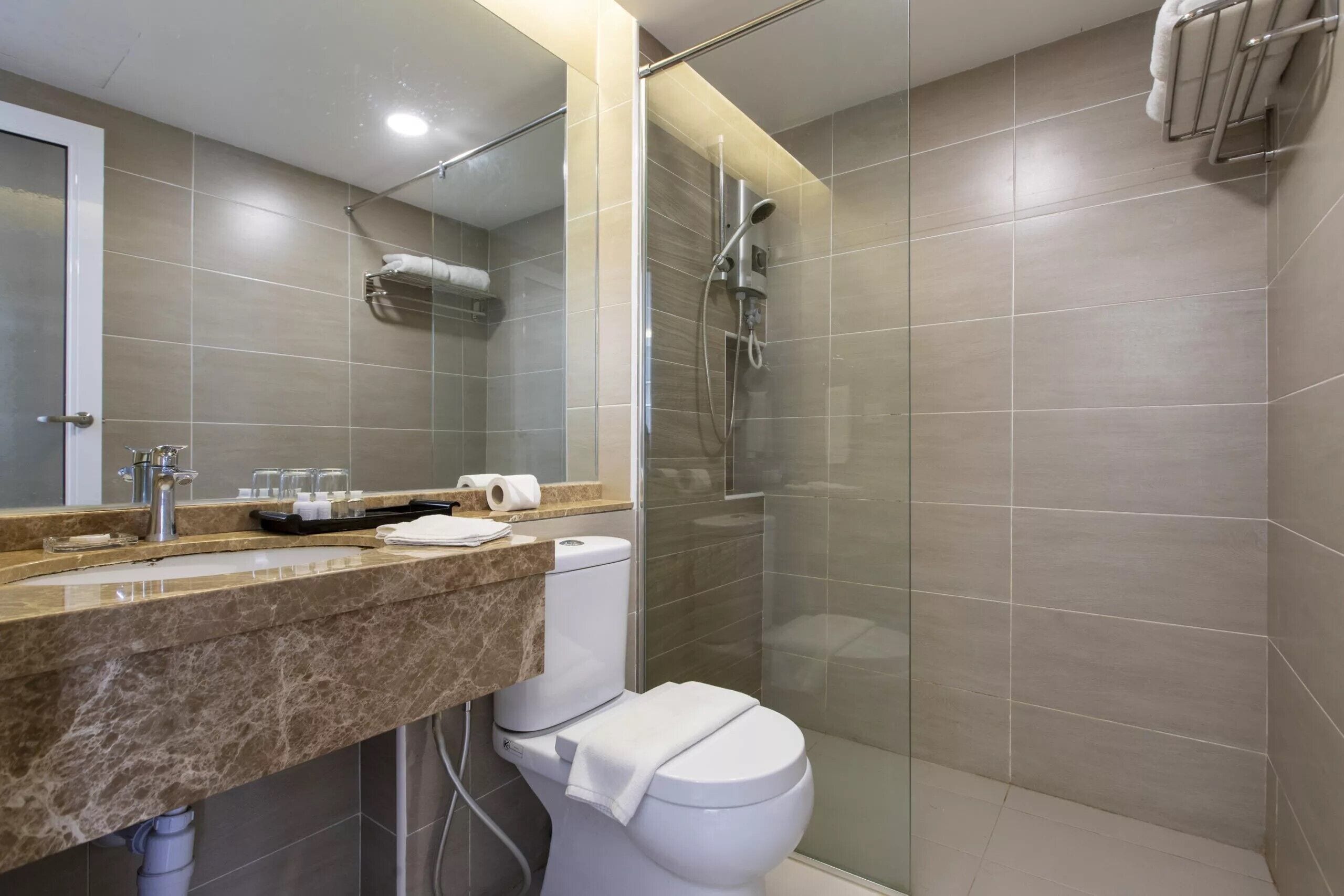 A modern bathroom with a glass-enclosed shower, a marble sink, and a toilet.